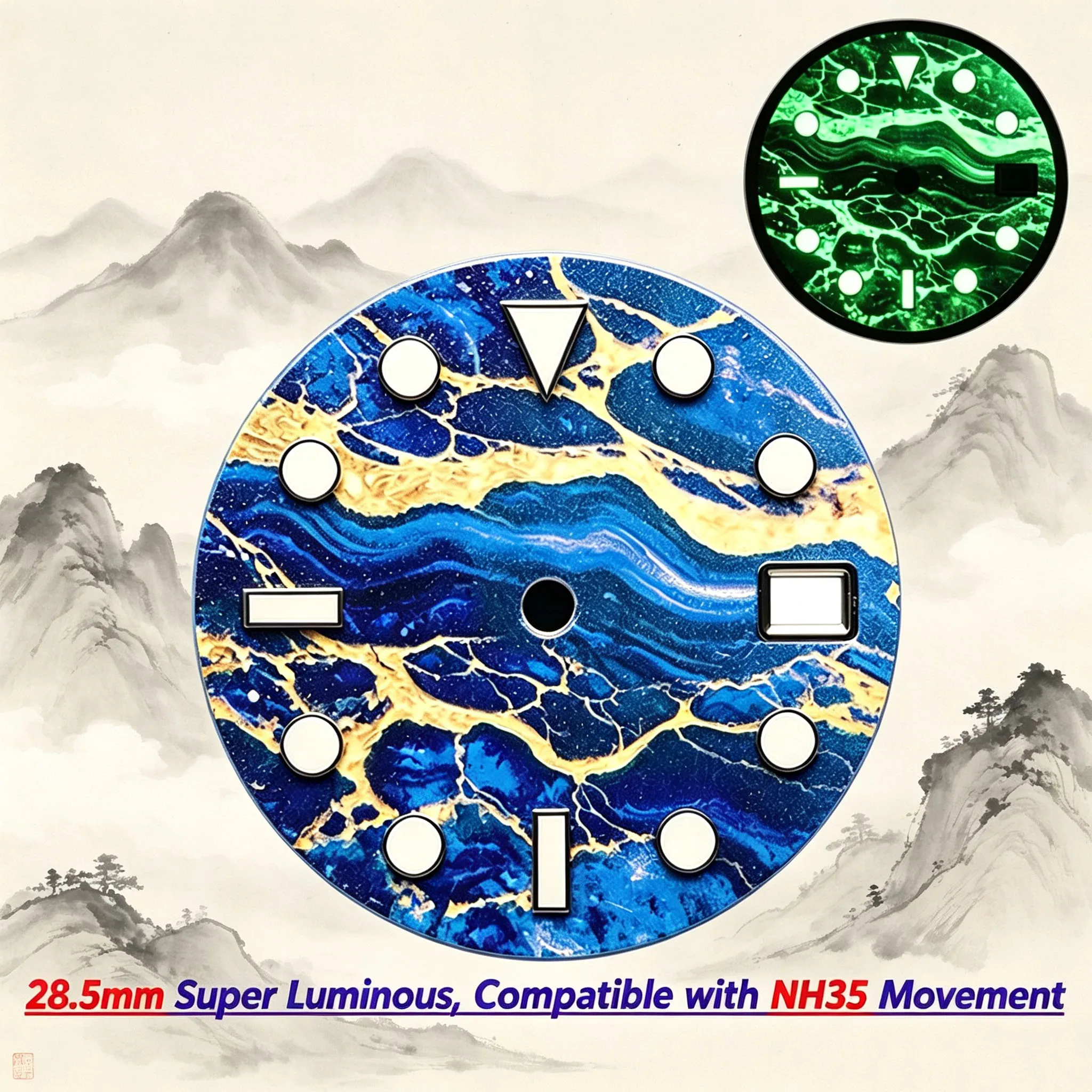 Mod Dial Design with Mountain and River Printing Feature. The Dial Is Compatible with 8215/NH34/35/36/2824 Movements