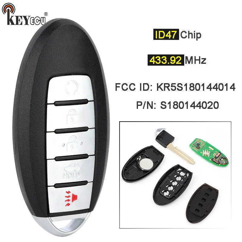 

KEYECU 433.92MHz ID47 Chip FCC ID: KR5S180144014, S180144020 Smart Remote Key Fob 5 Button for Nissan Maxima Altima 2013-2015