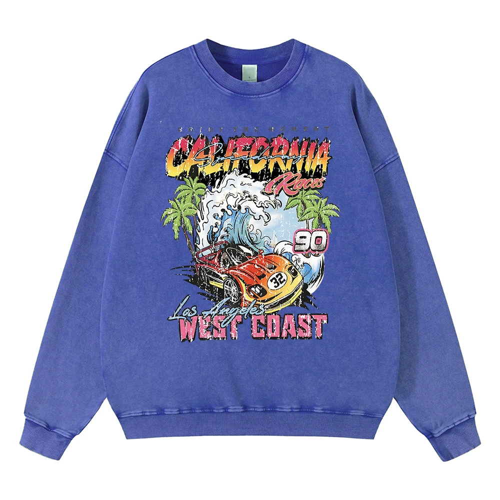 Vintage Distressed Washing Los Angeles California West Coast Car Men Hoodie Hip Hop Cotton Clothes Oversize Pullover Sweatshirts