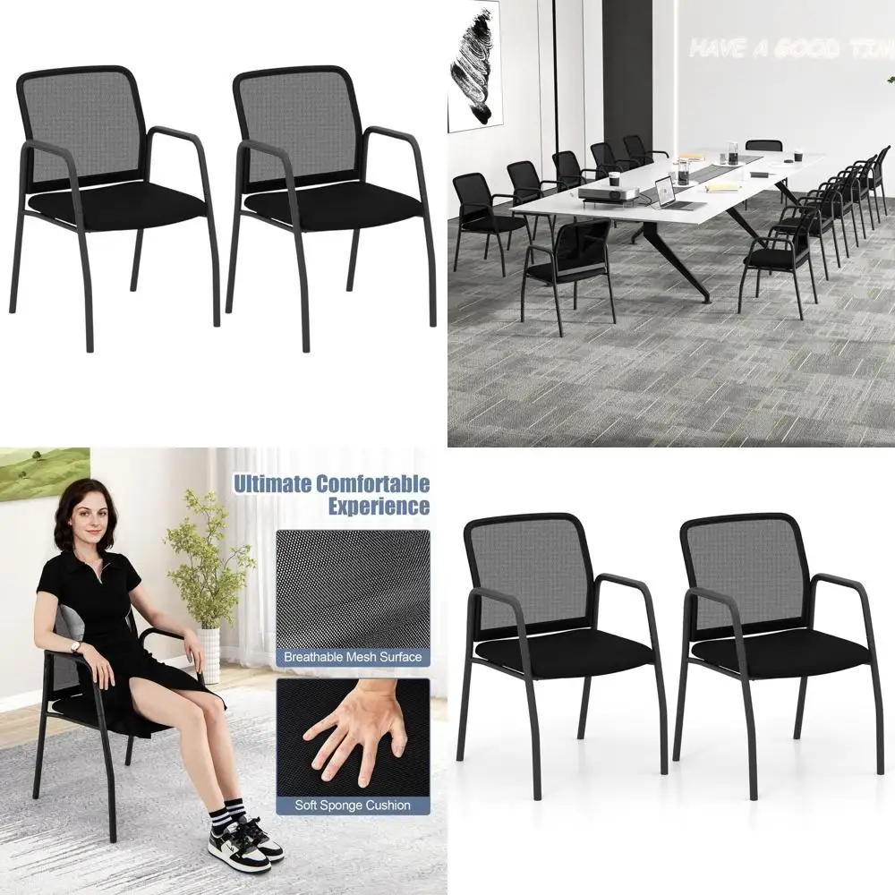 

Пара черных стульев для гостей с сетчатой спинкой и подлокотниками для офиса, зоны ожидания, конференц-залов и других помещений