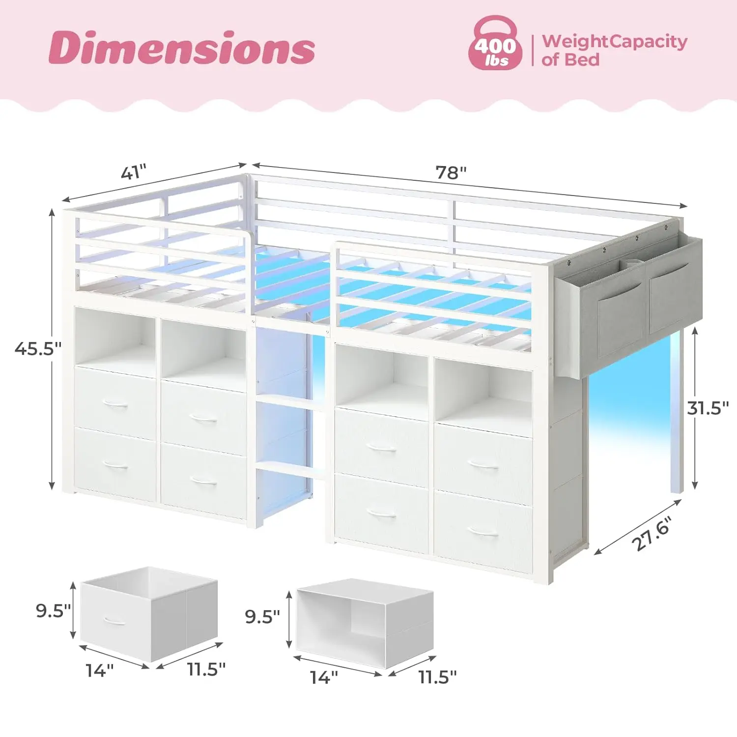 Low Loft Bed Twin Size with 8 Storage Drawers for Kids, White | Storage Bookcases, LED Lights, 14