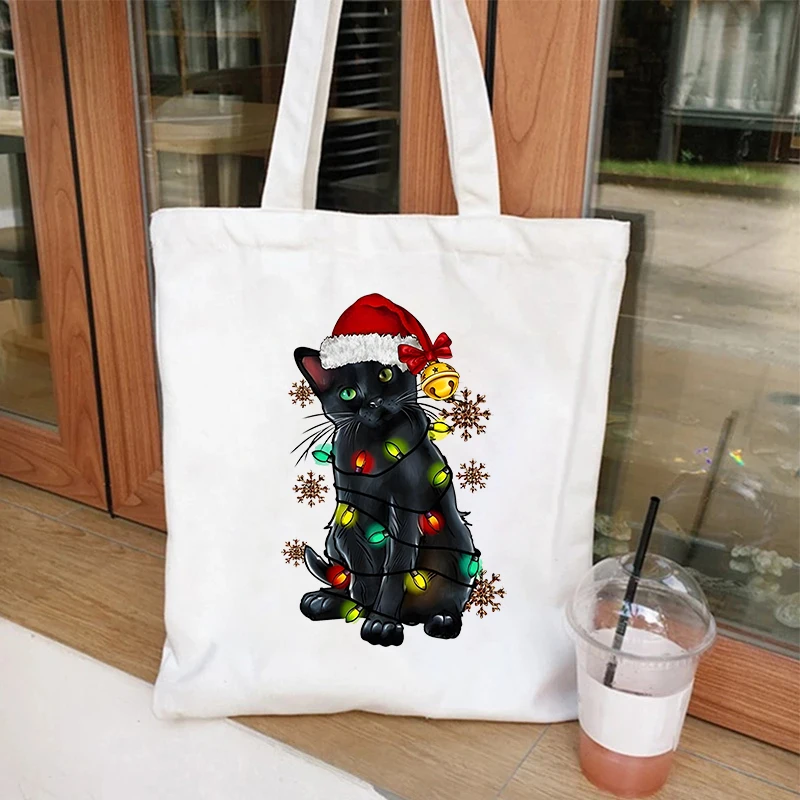 مضحك عيد الميلاد القط الرسم المرأة قماش حقيبة كتف حقيبة عيد الميلاد لطيف القط عاشق مضحك حقيبة تسوق الطلاب حقائب اليد القابلة لإعادة الاستخدام