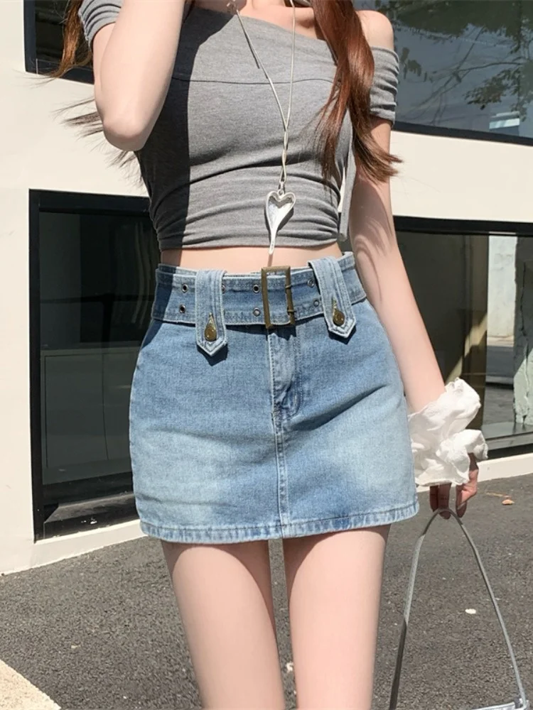 Jupe trapèze taille haute avec ceinture pour femmes, jupes en Denim, amincissante, Sexy, ceinture de taille Bla, Anti-lumière, marche, été