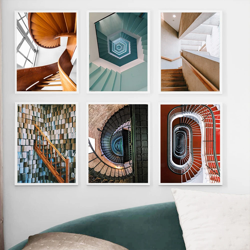 

6pcs/Set Abstract Staircase Building Landscape Canvas Posters, Picture Wall Art, Modern Living Room Home Decoration