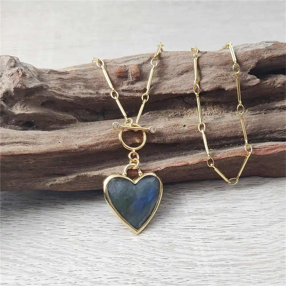 FUWO Wholesale Natural Labradorite Neckace,Love Heart Shaped Stone With 17