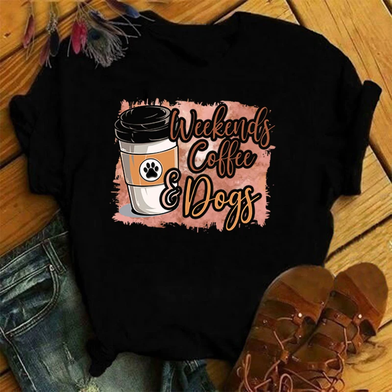 New Fashion Weekends Coffee Dogs Print Graphic T Shirt Unisex Fashion Casual Short Sleeve Shirt Tee