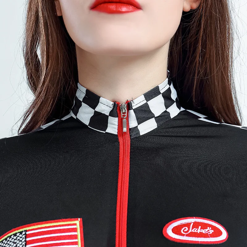 Lady Racer Cosplay Trajes, Cheerleading Desempenho Uniformes, Traje de festa, Ternos de corrida, Motor Racing, Dança quente