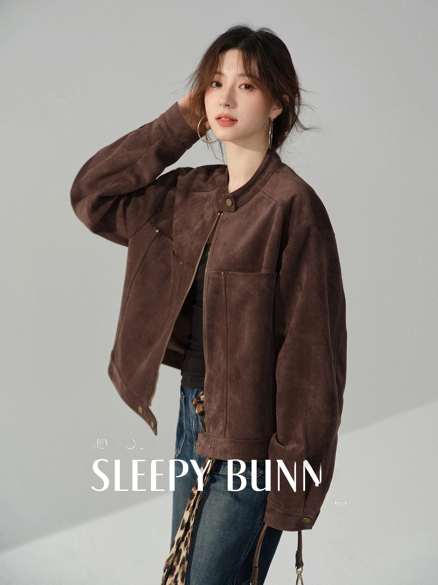 

Женская замшевая куртка bunny Casual Sle свободного кроя на молнии с воротником-стойкой, короткое пальто из ветрозащитного полиэфирного волокна