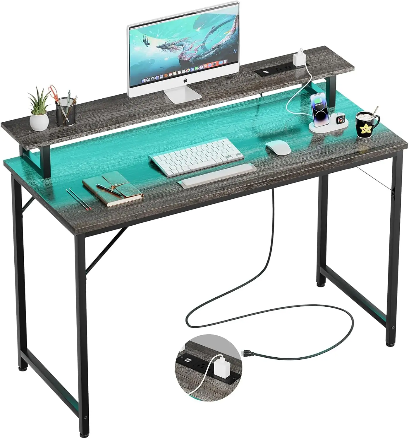 

47 inch Computer Desk with Power Outlets LED Lights Gaming Desk Modern Home Office Work Desk