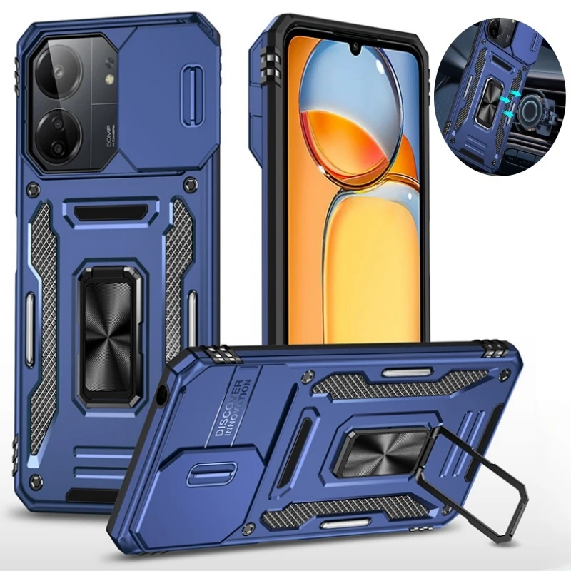 Funda For Xiaomi Poco C65 Case Armor Slide Lens Protect Cover For Pocco Poko Little C65 C 65 PocoC65 Magnetic Ring Stand Cases