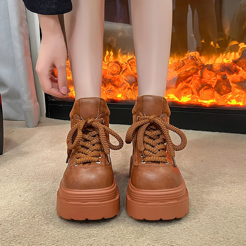 8cm Women Winter Thick Plush Up Loafers Imitation Deer Skin Splicing Round Toe Shoes 6cm Thick Sole Casual Shoes Leather Autumn