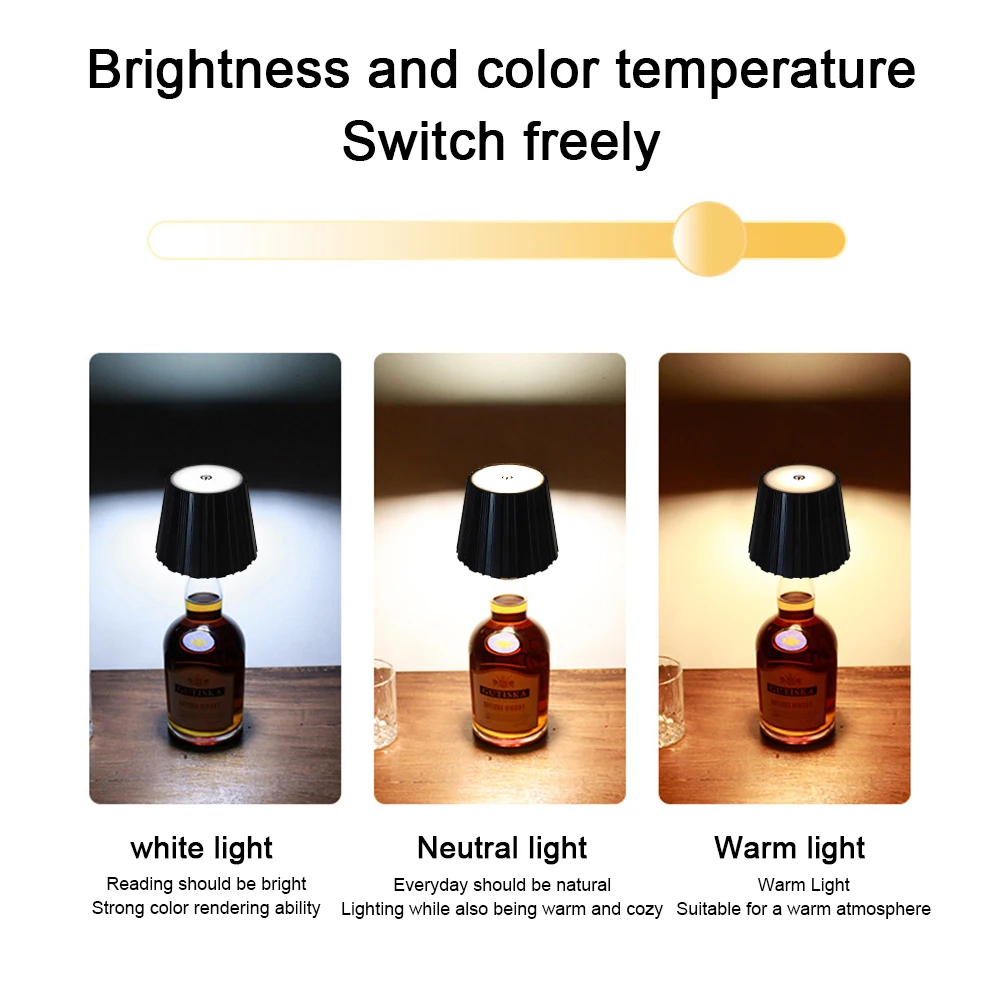 โคมไฟ LED ทรงขวดไวน์ไร้สาย3สีหรี่แสงได้อย่างไม่สิ้นสุดชาร์จไฟโต๊ะทานอาหารเครื่องดื่มโคมไฟเครื่องดื่มแบบสัมผัสด้านบน