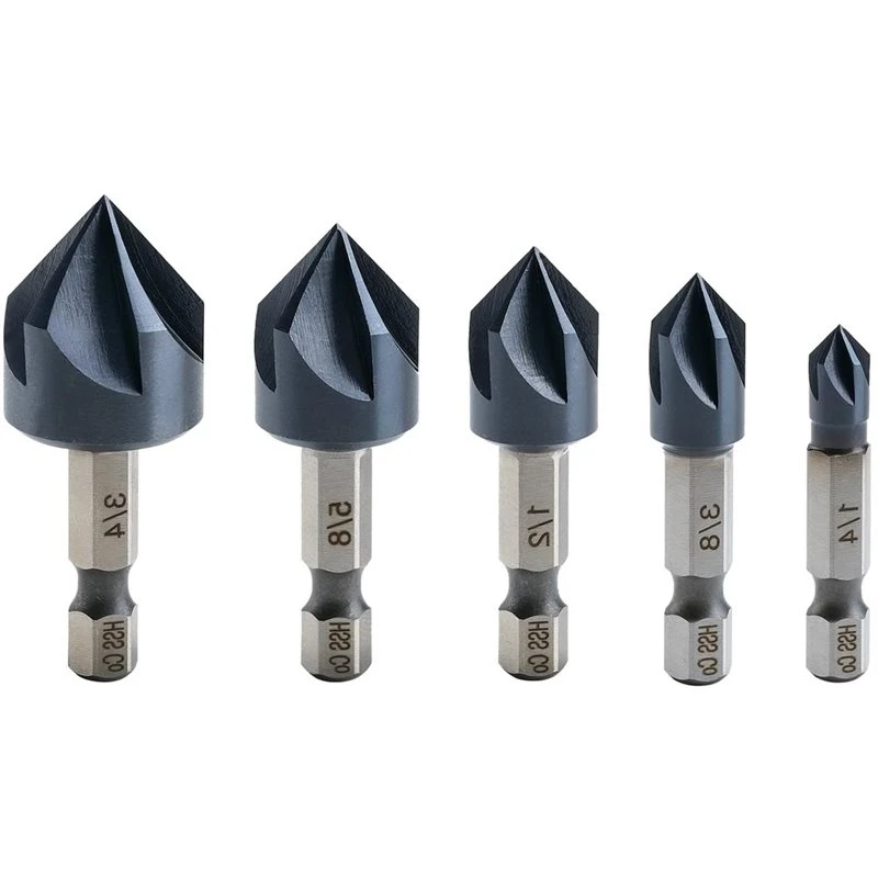 FAST-Cobalt Countersink Drill Bits Set(Pro), 5-Piece 1/4" To 3/4" With Quick Change Hex Shank, Titanium Aluminum Nitride Coating