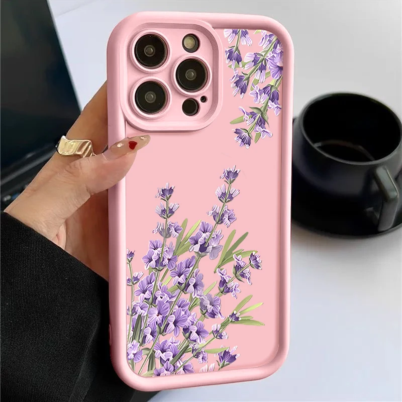 ラベンダーの花柄 iPhone 16 17Pro Max ケース、iPhone 11 12 13 14 15 Pro Max 用耐衝撃バンパーソフトシリコンカバー