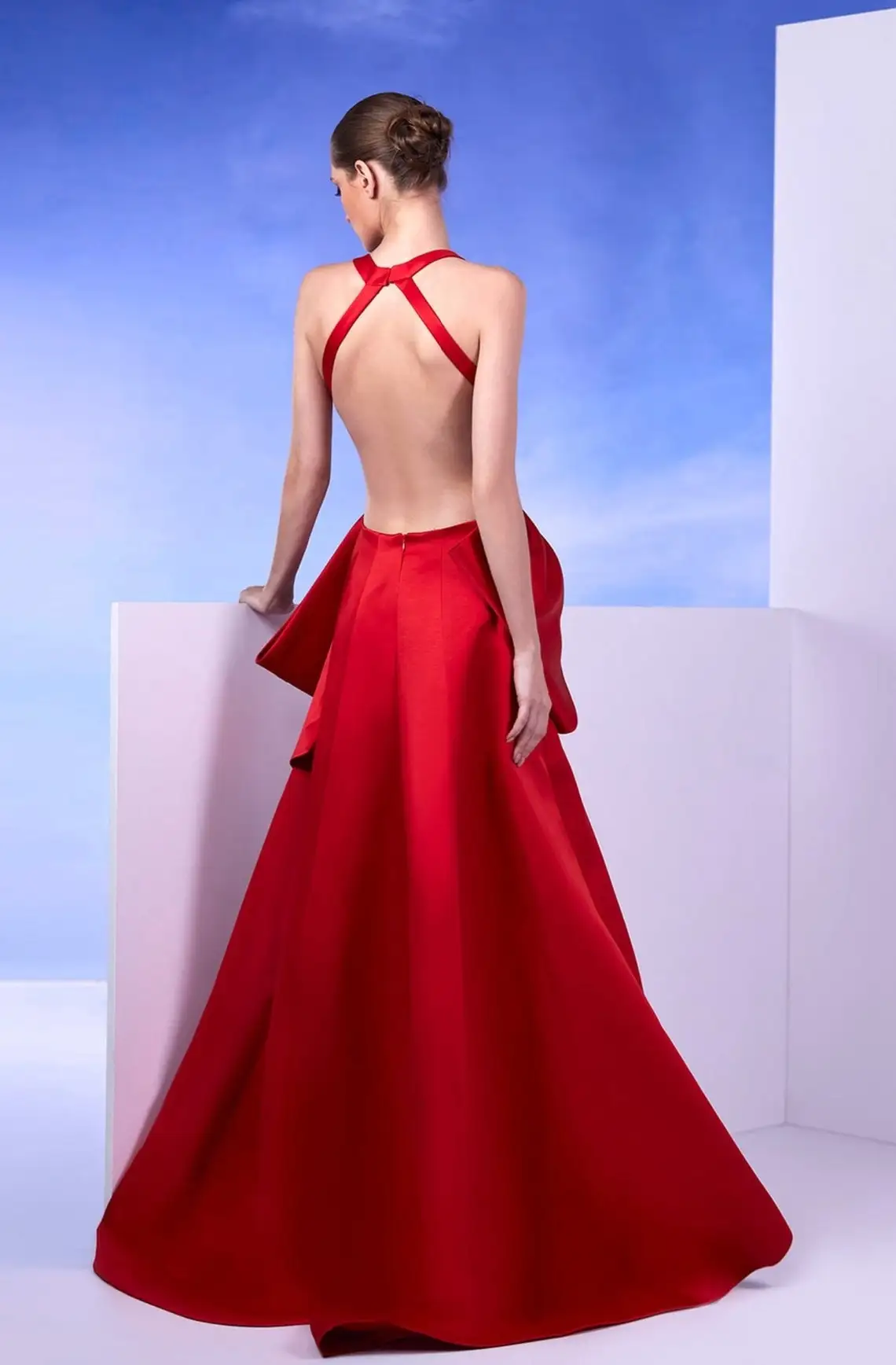 Red Satin Evening Dresses Sexy Backless Long with Bow Deep V Neck Sleeveless Halter Pleats A Line Formal Party Prom Gowns Women