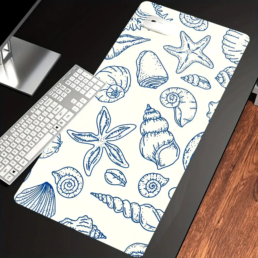 HYBXAXC Coastal Seashell Mouse Pad - Blue Line Art Mouse Pad, Nautical Desk , Ocean Shell Illustration Desk , Large Gaming Pad