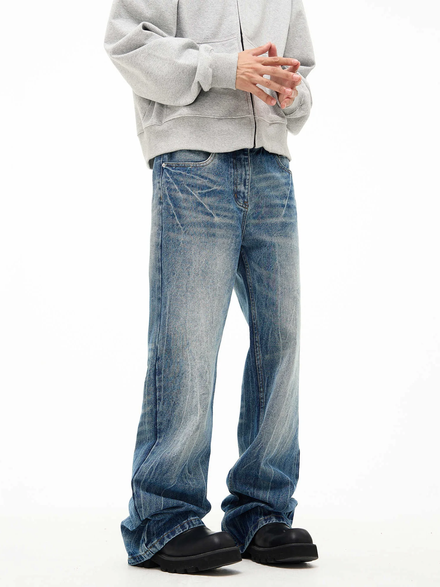 

Waed Denim Jeans Men's Straight Leg Bell Bot Spring Autumn Trendy Design Lightning Cra American Street Retro Long Pants