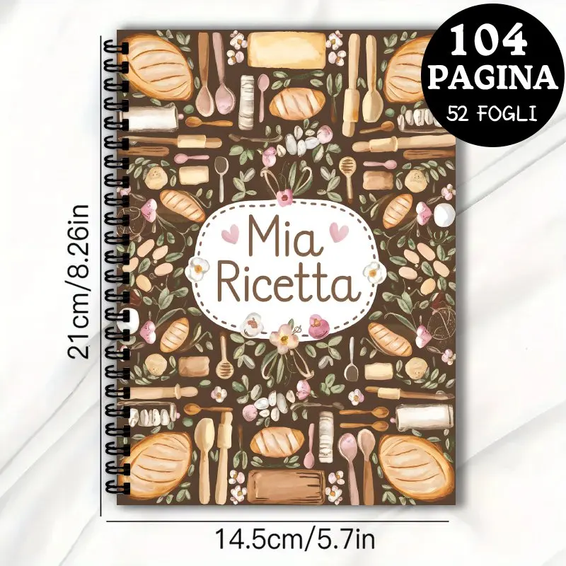 كتاب الوصفات الإيطالية، دفتر وصفات 104 صفحة، يتميز التوضيح المرسوم يدويًا، دليل تخطيط الطهي لعشاق الطبخ