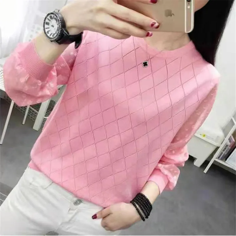 Fashion Plaid Pullover Tops Autumn Winter Thin Sweaters For Women Hollow Mesh Round Neck Long Sleeve Knitwear Pull Femme