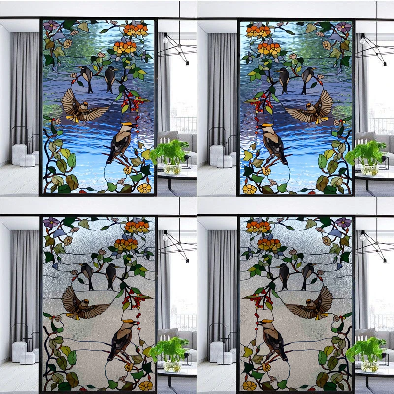 Custom size Stained Glass Window Film Door Sticker 3D Frosted Static Cling Art Colored Glass Flower Birds Tree Home Decoration