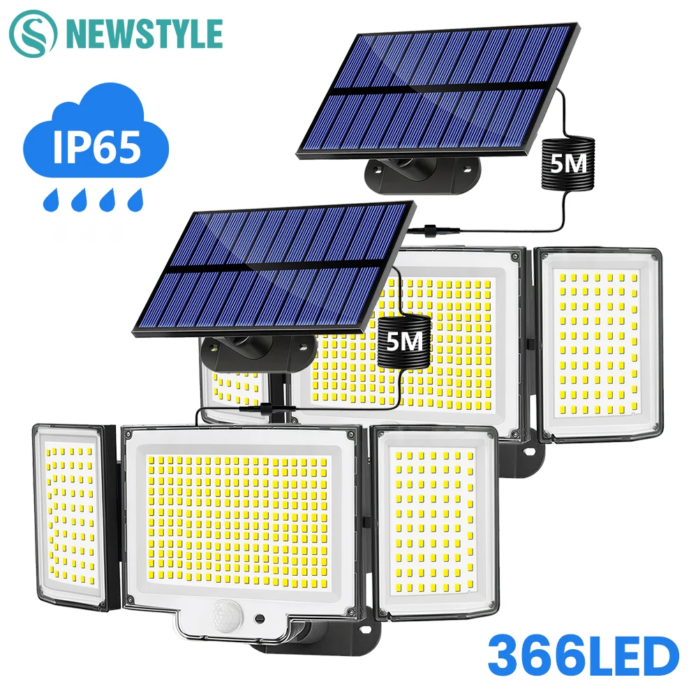 1–2 Stück Solarleuchte für den Außenbereich, IP65, wasserdicht, 366 LEDs, Solar-Flutlichter mit Bewegungssensor, 3 Beleuchtungsmodi, 3 Köpfe, Sicherheitsleuchte mit Fernbedienung für die