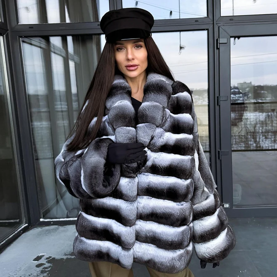 Rex Rabbit Fur Coat Kurtki damskie Długie zimowe płaszcze futra z klapami Naturalne futro z lisa Wysokiej jakości luksus