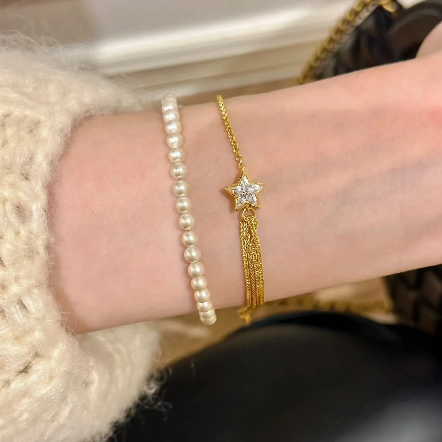 PANJBJ 925 Sterling Silver Stars Zircon Bracelet for Women Multi Layered Delicate Versatile Sweet Jewelry Gift Dropshipping