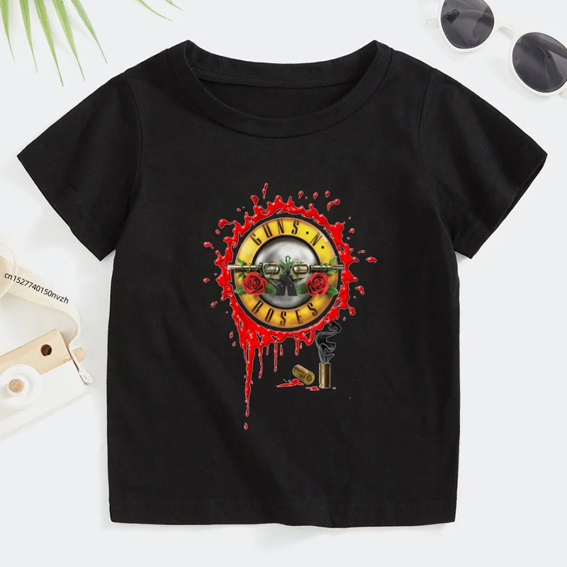 3t ~ 9t Rockband Pistole n Rosen Kinder T-Shirt Jungen und Mädchen Kpop Musik Kurzarm Tops Kinder Freizeit kleidung