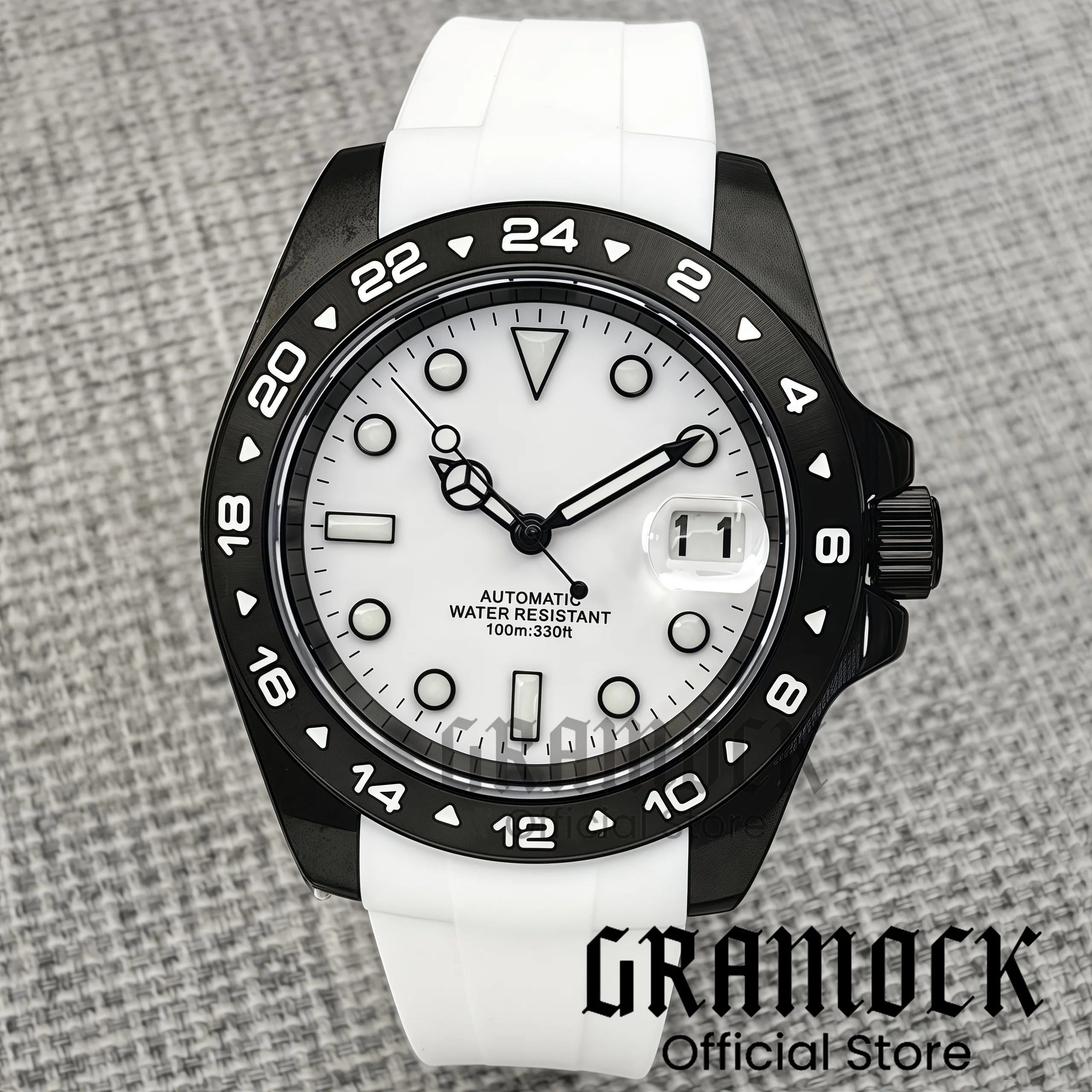 Gramock 40mm Black PVD Coated Case NH35 Automatic Men Watch Date Magnified Luminous Dial Rubber Strap Screw Crown Fixed Bezel