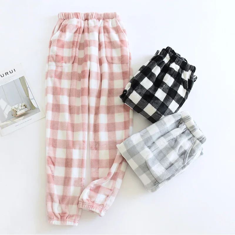 Pajama Pants Women\'s Trousers Autumn Winter Coral Fleece and Thick Plaid Warm Pants Men\'s Flannel Home Pants Loose Lounge Wear