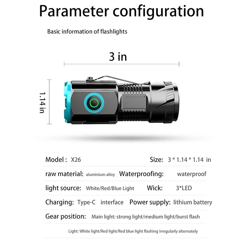BAAJ-Rechargeable 1000 Lumens LED Flashlight With Emergency Strobe Light 3 Lamp Beads Outdoor Camping Torch Multifunction
