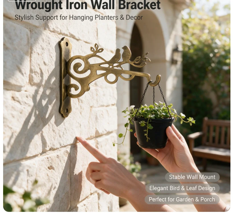 New Bird Wrought Iron Wall Hanging Bracket Heavy Duty Metal Flower Pot Hook Wall Mount Support Garden Yard Porch Outdoor Decor