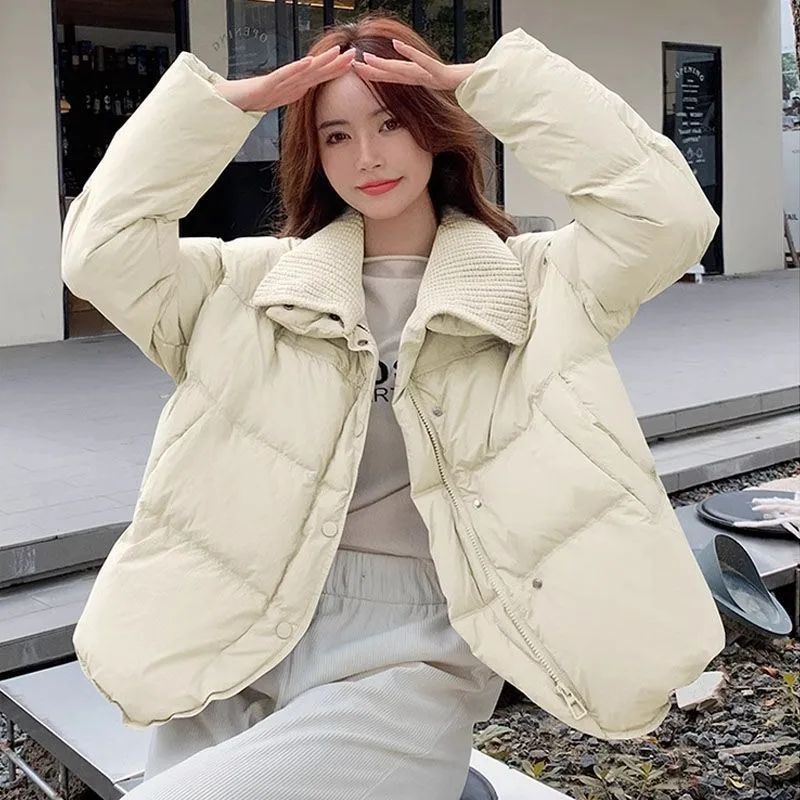 2025 Fall/Winter New Knitted Lapel Patchwork Down Cotton Jacket Short Fashion Lightweight Versatile Padded Jacket