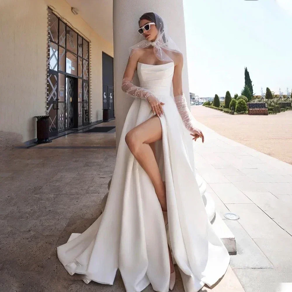 

Simple A-Line Satin Wedding Dress Sexy Strapless Sleeveless Side Slit Bride Dress Elegant Bridal Gowns Plus Size Robe De Mariee