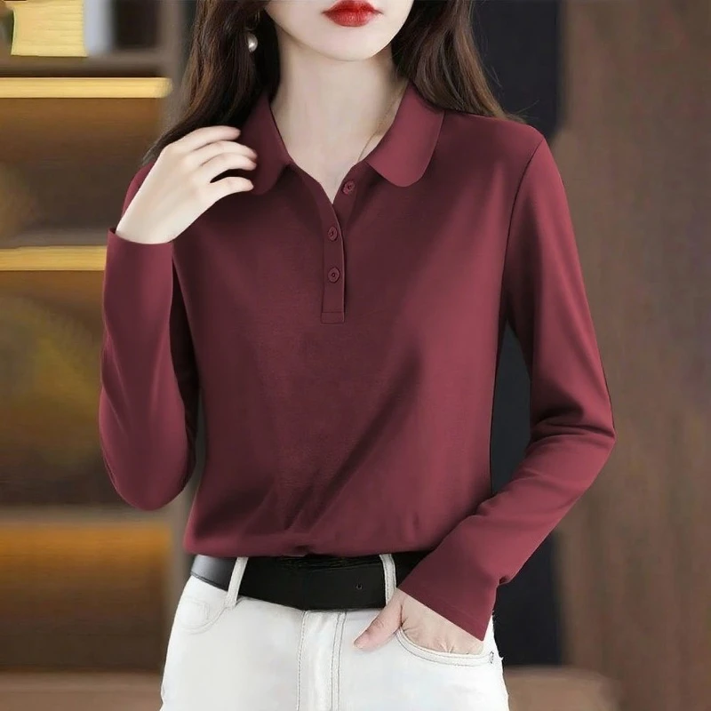 Women’s Autumn T-Shirt Vintage Classic Collar Long Sleeve Korean Loose Fit Casual Regular Shoulder Mom Blouse Fashion Top