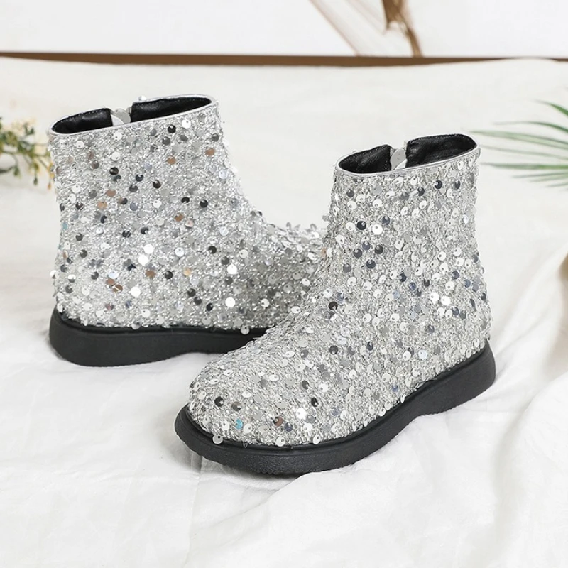 

Winter Girl Shoesnew Korean Versionchild Flat Bottom Velvet Boot Fashiona Womenboot Anti Slip Sequins Versatile Girlautumn Boots