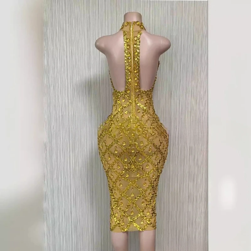 Vestido de noche dorado para mujer, elegante, envío gratis, Sexy, con diamantes de imitación, para cumpleaños, discoteca, vestidos para mujer 2025 