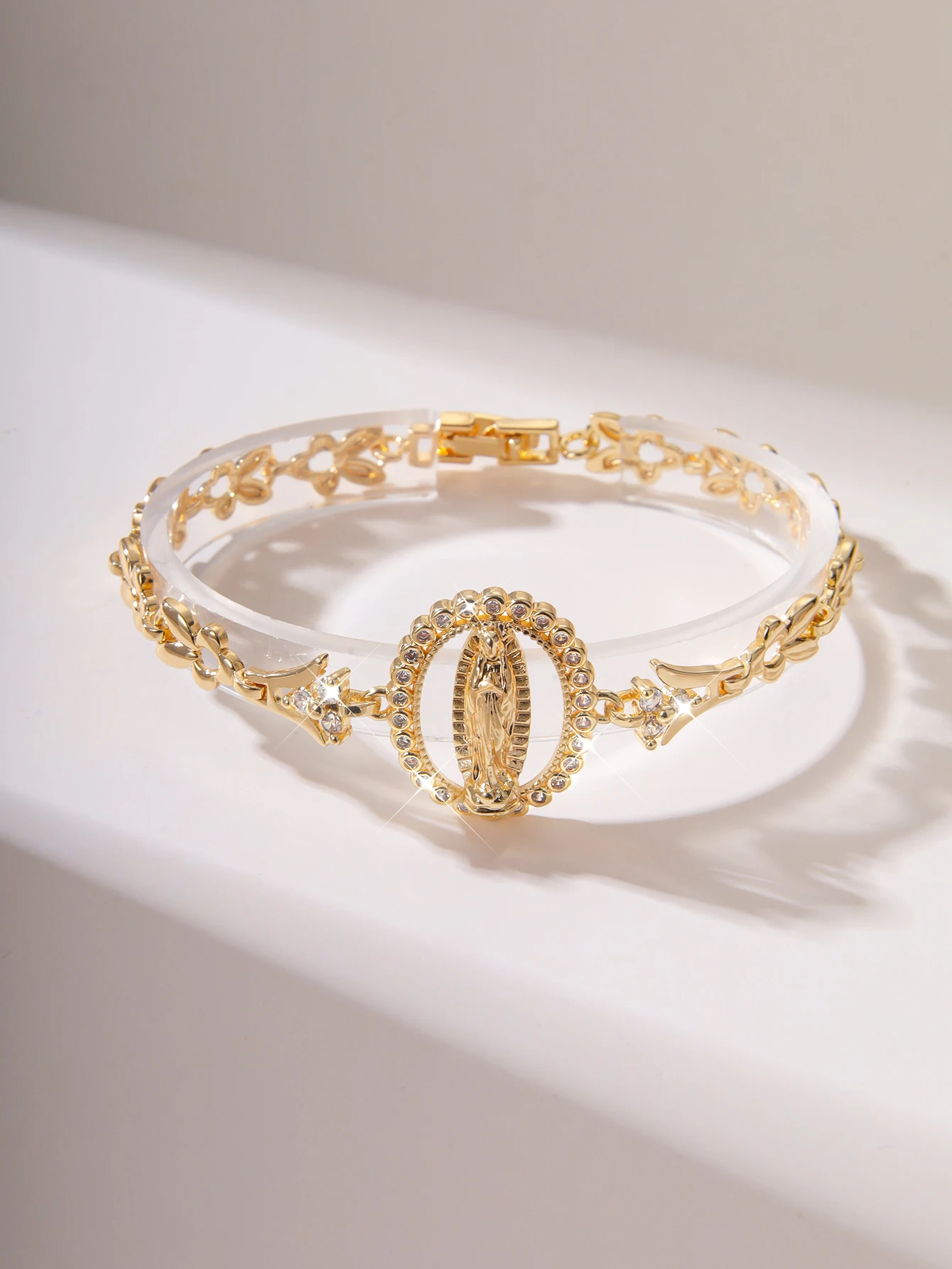 FanSibao Fashion Religious Jewelry Set with Shining Zircon Virgin Mary Hollow Gold Bracelet Wedding Party Gift