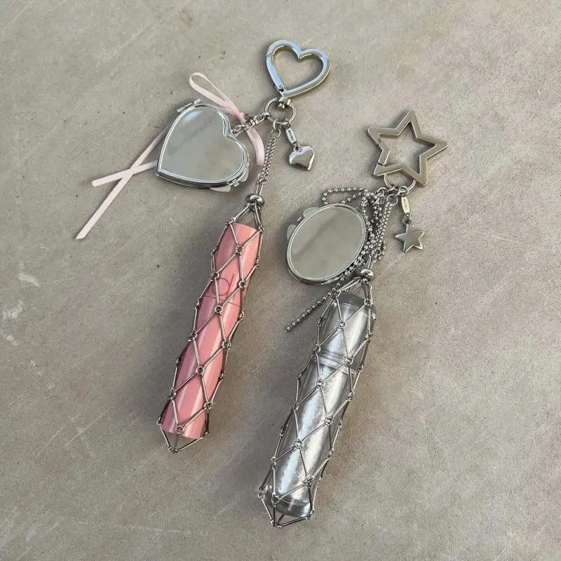 Metal Net Pocket Lipstick Cover Keychain Portable Pouch Lip Balm Bag Keyring With Mirror For Key Camping Survival EDC Outdoor