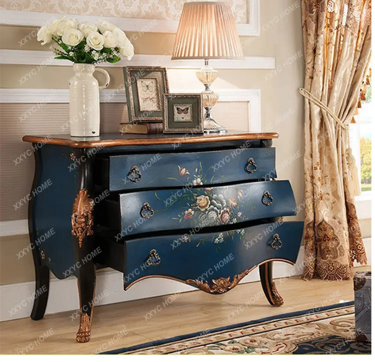 solid wood painted entrance carved three-bucket cabinet living room decoration retro wall storage