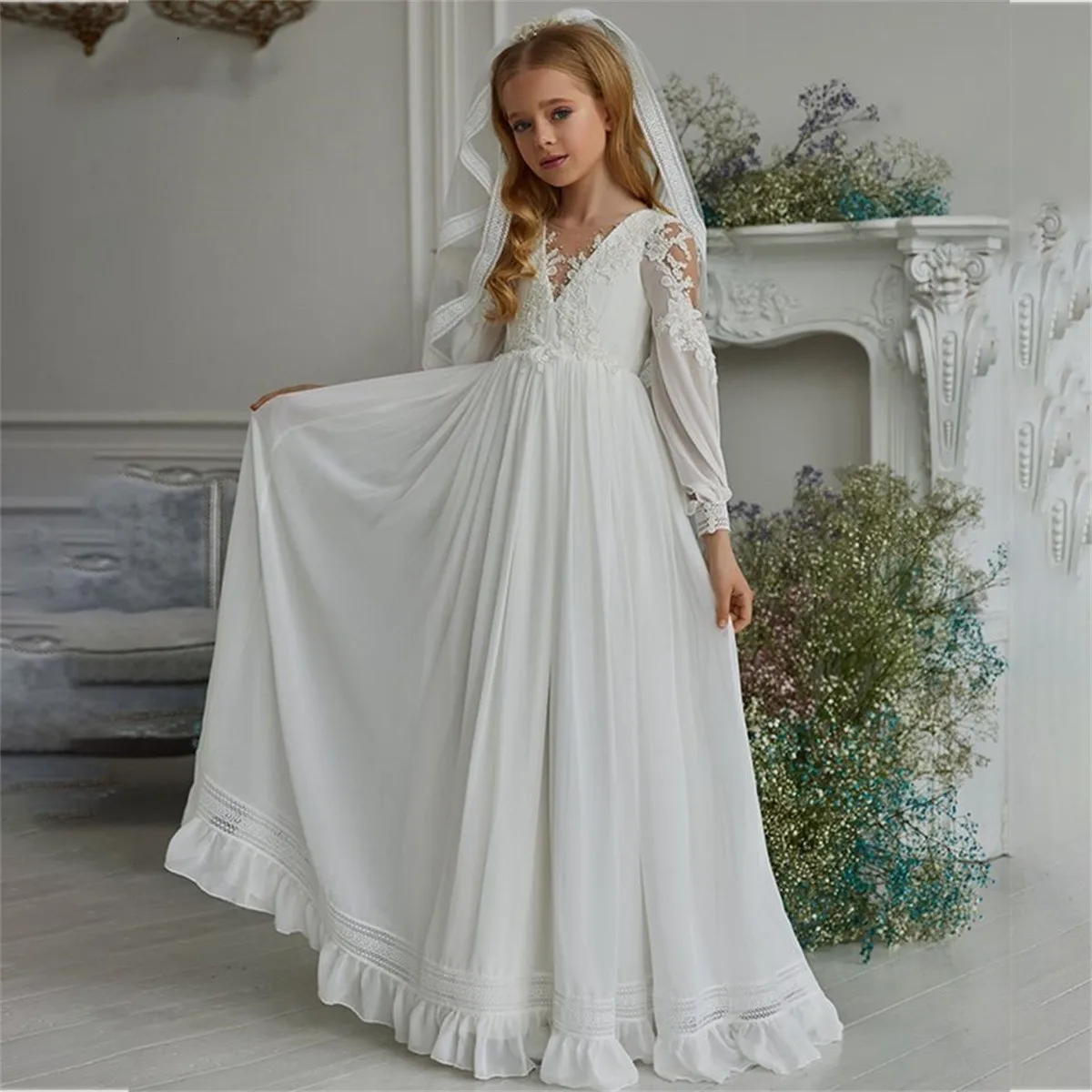 Neues Design Boho Blumen mädchen Kleider für Hochzeit lange Ärmel Prinzessin Geburtstag Abend party a-Linie Erstkommunion Kleid