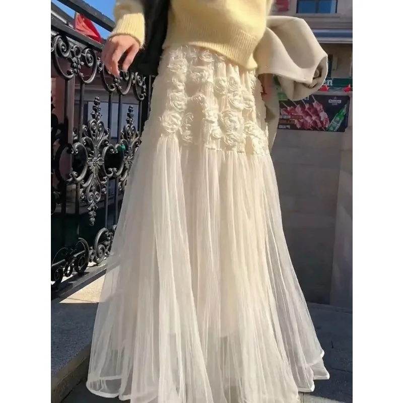 Spring Summer Pure Sweet Age-reducing Three-dimensional Flower Skirt  Women Elegant New Mesh High-waist Women Long Skirt