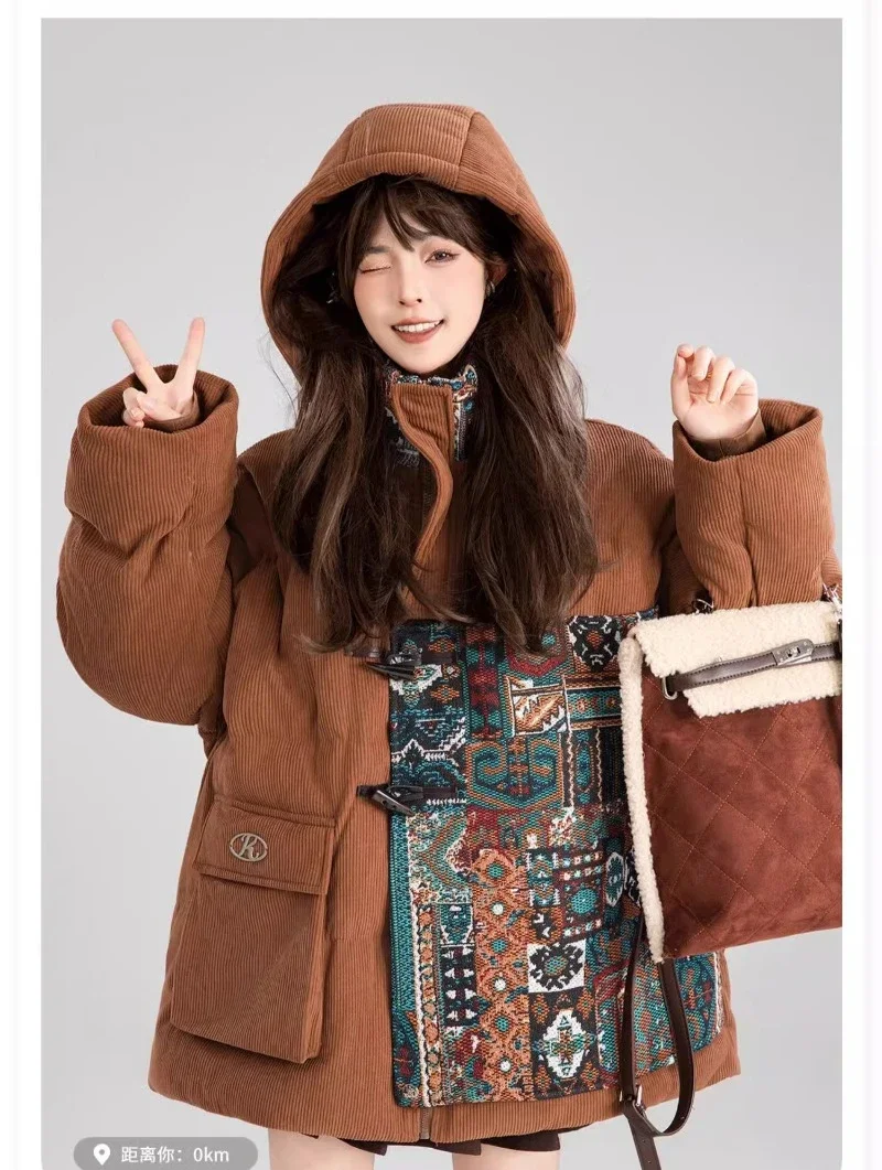 2024 Winter Art Jacquard Splicing Hooded Thickened Soft Waxy Corduroy Loose Fashion and Versatile Cotton Jacket For Women