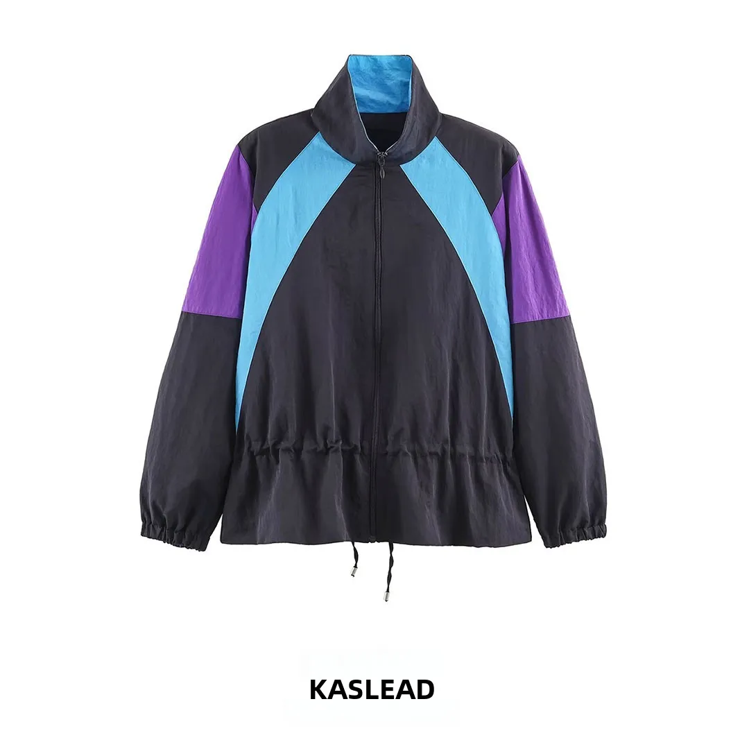 KASLEAD New Women's Fashion High-End Feel Patchwork Shoulder Pad Jacket Long Sleeve Zipper Polyester Fiber Autumn Season