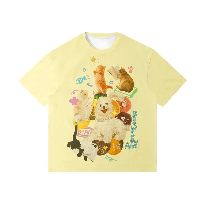 الصيف الدوبامين حية القط والكلب ثلاثية الأبعاد مطبوعة قصيرة الأكمام تي شيرت الإبداعية الجولة الرقبة تنوعا التجفيف السريع الاتجاه العلوي