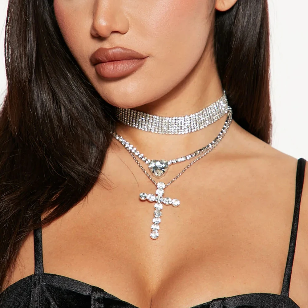 XSBODY Fashion Multilayer Choker Chain Necklace Cross Pendant Bridal Gift Bling Baroque Heart Rhinestone Clavicle Jewelry Party