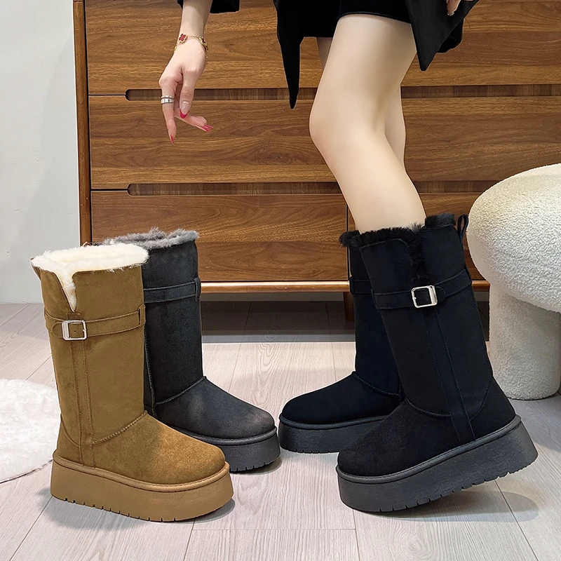

Mid-tube Cotton Boots 2025 Winter New Belt Buckle Platform Plush Thickened Non-slip Snow Boots