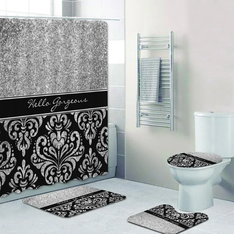 Luxury Black Gold Damask Shower Curtain Bath Set Golden Gorgeous Pattern Bathroom Mat Toilet Decor