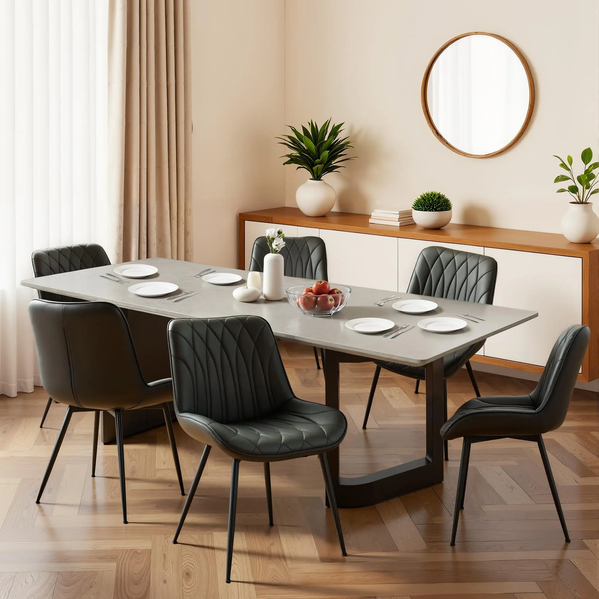 Modern Faux Leather Dining Chairs Set of 2  Upholstered Cushion Seat Curved Backrest Metal Legs Ideal for Kitchen Dining Room or Living Room Black, Brown,Green or Khaki