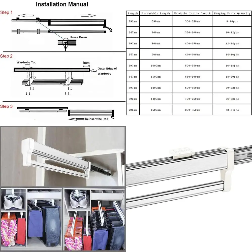 

Регулируемая вешалка для одежды из нержавеющей стали для гардероба, 447 мм/17,6 дюйма, идеально подходит для вешалок для брюк и одежды